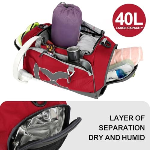 INOXTO Large Foldable Sports Gym Bag with Wet and Dry Pockets and Shoe Compartment for Men and Women, Weekend Overnight Camping Travel Duffel Bag (red with White, Standard) — view 4