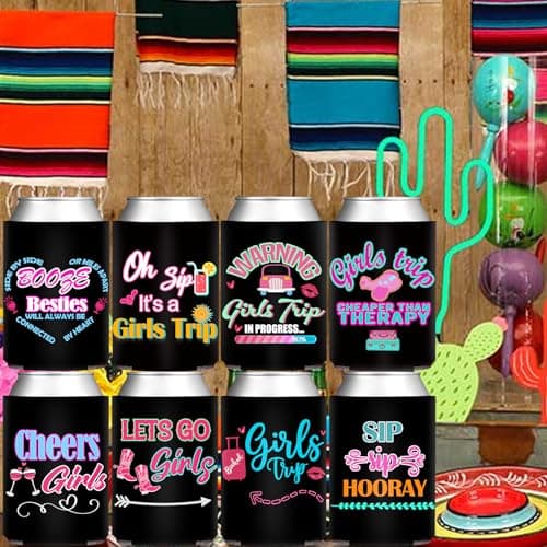 HAPPARTY Weekend Girls Trip Theme Can Cooler Sleeves 8Pcs, Hot Pink Babe Girls Insulated Bottle Beverage Cold Drink Holder for Birthday Bachelorette Weekend Trip Party Can Cover Decorations — view 6