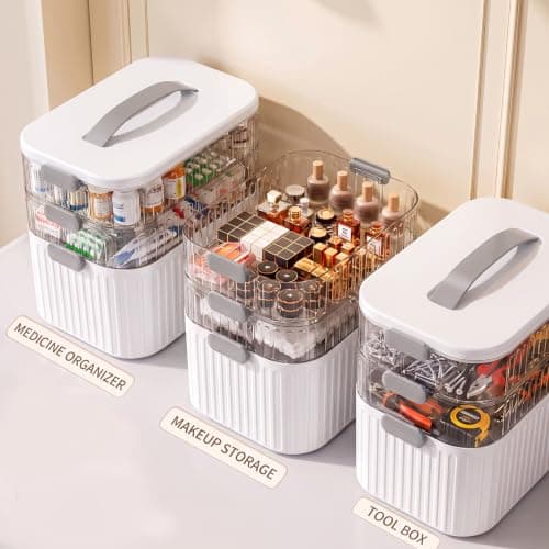 Medicine Storage Box, 3 Layer Multi Purpose Organizer with Portable Handle and Secure Buckle Latch, Large Heightened Desktop First Aid Medication Organizer Case for Pantry Home Office Car Travel-White — view 6