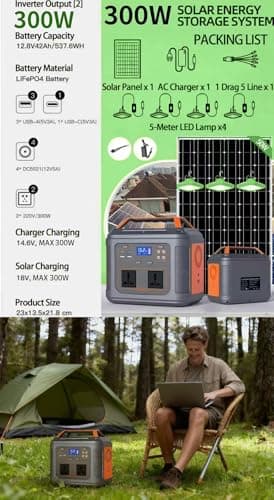 Rexhan 300W Portable Power Station, LiFePO4 Battery, Mobile Battery Power, Solar Generator, Emergency Outdoor Power, 50W Solar Panel, 2025 Version, 240V AC Outlet, RVs, Camping, Outdoor, USB-C (300W) — view 2