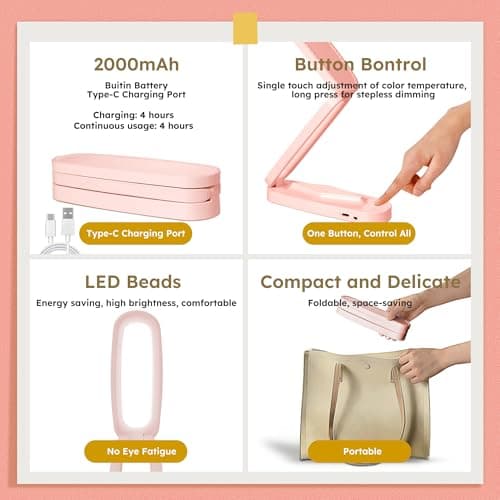 Overcomo Small LED Rechargeable Portable Foldable Cordless Desk Table Lamp — view 6