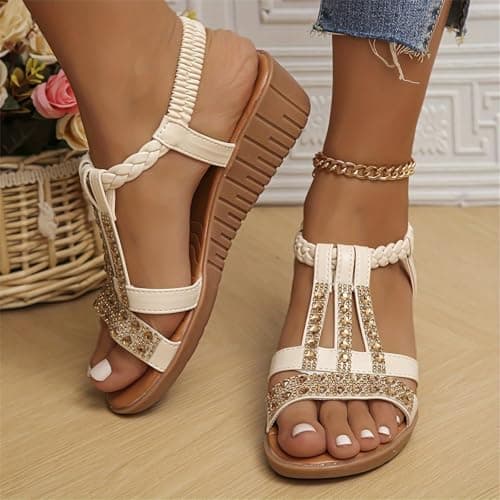 DFSDJEUW outlet clearance Womens Sandals Wide Fit Comfortable Slip on Wedge Shoes Casual Open Toe Orthopedic Slide Lightweight Summer Cushion Plantar Fasciitis slip on sandals women Beige 4.5 — view 3