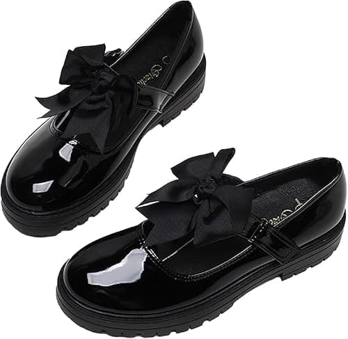 BloomFashion® Girls Mary Jane Back to School Patent Black Shoes Toddler Kids Comfortable Anti-Slip Uniform Flat Shoes with Detachable Bow On Strap 8uk — view 3