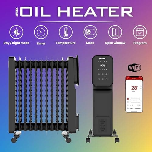 MYLEK Oil Filled Radiator Portable Smart Heater 2.5KW WiFi App Enabled, 3 Heat Settings, Timer, LED Display, Energy Electric Efficient, Safety Tip Over Protection (Black 2500W) — view 4