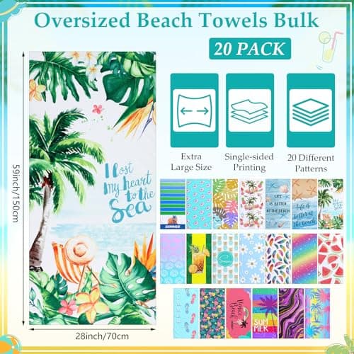 Newwiee 20 Pack Oversized Microfiber Beach Towels Bulk 28x59 Inch Sand Free Quick Dry Pool Towels Absorbent & Lightweight Travel Bath Blanket for Beach, Gym, Swim, Vacation, Vibrant Mixed Patterns — view 2