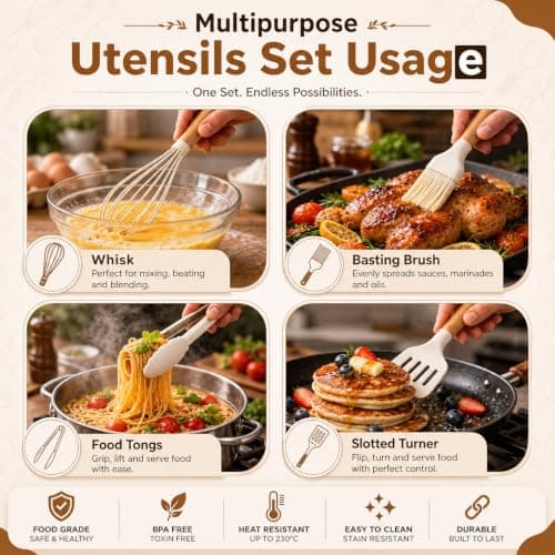 ZELMORAWARE Kitchen Non Stick Cooking Utensils Set – 35Pcs Heat Resistant Silicone Utensils Set with Wooden Handles, Silicone Spatulas for Cooking – Kitchen Accessories – White — view 4