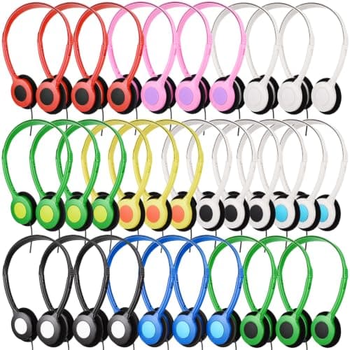 Konohan 30 Pack Bulk Wired On-Ear Headphones with 3.5mm Jack Adjustable Lightweight Individually Wrapped Headphones for Students Classroom School Library Office Travel (Multi-Color)
