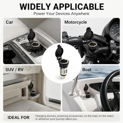 2 Pack 12V 120W Cigarette Lighter Power Socket Outlet with 4 Cable Ties, Female Socket Splitter Power Waterproof Plug Adapter Waterproof DC 12V-24V for Car, Motorcycle, Boat, Tractor, Riding Mower — view 5