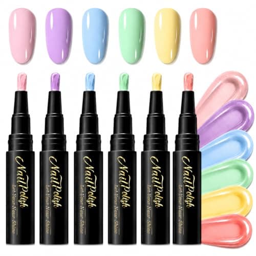 6PCS Nail Polish Pens Set - 3-in-1 One Step Quick Dry Nail Varnish Pens, Air Dry No UV Lamp, Pastel Pink Purple Blue Green Yellow Coral, Easy Nail Art Pens for Real Nails, DIY Manicure Home
