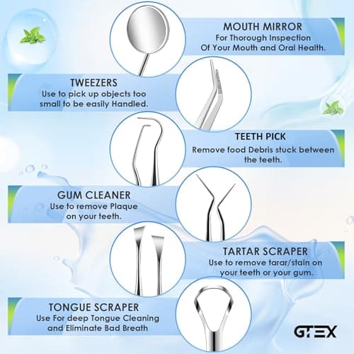GTEX Plaque Remover for Teeth - 6Pcs Dental Care Kit for Teeth Cleaning - Plaque Removal Tartar Remover Stainless Steel Tongue Scraper Tool for Home Use — view 3