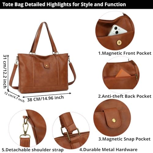 Aileese Laptop Tote Bag for Women 15 Inch Waterproof Leather Computer Briefcase Retro Large Capacity Handbag Work Shoulder Bag Crossbody Purse Black — view 5