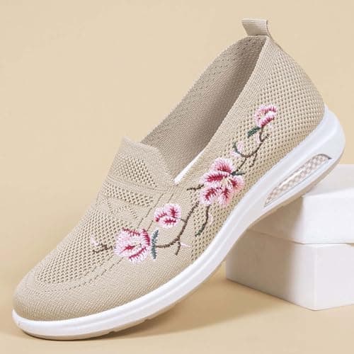 Slip On Shoes Women Embroidered Orthopedic Walking Shoes Breathable Mesh Sneakers Slip-On Lightweight Work Mom Shoe,for Outdoor Walking Traveling Hiking Size 3-11 Khaki — view 3