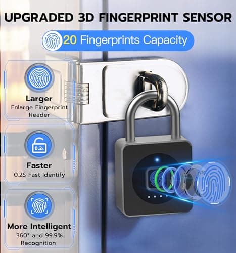 eLinkSmart Fingerprint Gym Locker Lock, Keyless Biometric Padlock, Weatherproof Electronic Digital Smart Combo Pad Lock for Outdoor Fence Gate Storage Helmet Ski Pool Shed (Black, with Cable) — view 3