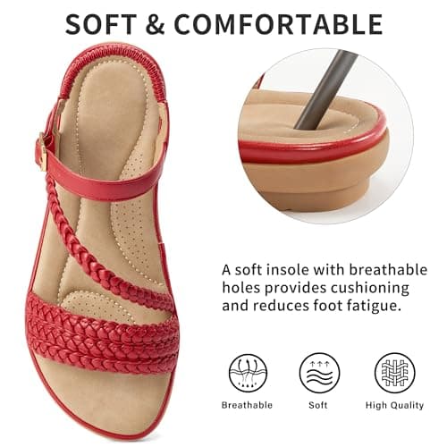 Women’s Dressy Flat Sandals, Strappy Open Toe Low Flat Sole Summer Shoes - Casual Walking Sandals for Vacation Wedding Guest Office Evening Travel Beach Resort Daily Outdoor Wear (Red,9.5) — view 4
