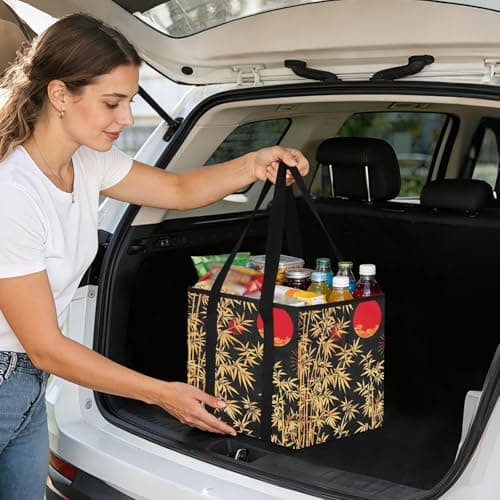 Quteprint Car Trunk Organizer, Japanese Gold Bamboos Moon 600D Oxford Foldable Storage Bag with Handles, 13.0x10.8x10.2in, Portable Collapsible Container for Groceries, Kitchen, Picnic & Travel — view 6