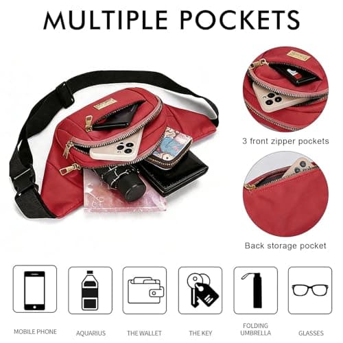 ADUDVLO Bumbags for Ladies Women Men Lightweight Adjustable Bum Bag Fanny Pack with 4 Zipper Pockets,Fashionable Waist Pack for Travel, Running, Hiking, Cycling (Red) — view 4