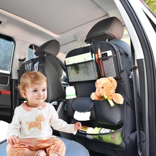 VEHIRIE Car Back Seat Organiser with Foldable Table Tray – Premium Leather Kick Mat for Kids, Multifunctional Travel Tray with Toy Pockets, Seat Back Protector & Tablet Holder – Black — view 4