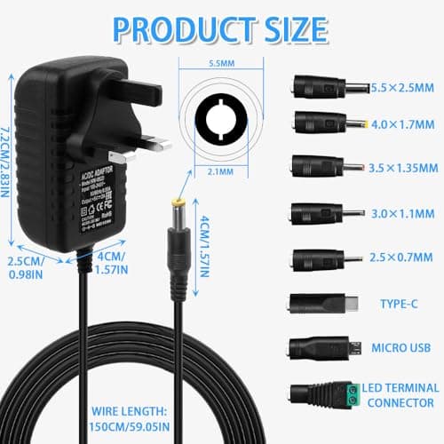 Vmoomax Universal Power Supply Adapter, AC 100–240V to DC 5V 2A Converter with 8 Interchangeable DC Tips, 10W Max Power Adaptor for LED Strip Lights, CCTV Systems, Baby Monitors, TV Box — view 2