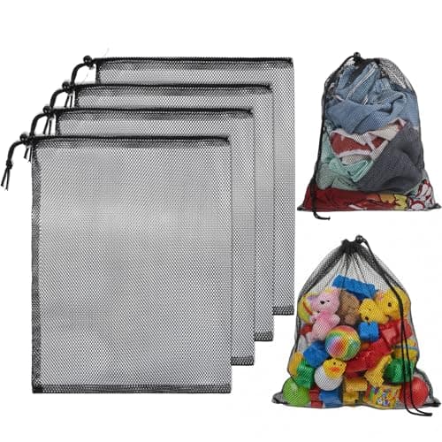 4 Pcs Mesh Backpack Drawstring Black, 11.8 x 15.75 Inch Portable Nylon Storage Bags, Strong, Lightweight, Breathable Mesh Bag for Swimming, Sports, Gym, Beach, Laundry, Outdoor activities (Black)