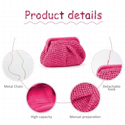 Emprier Women Cloud Straw Clutch Bag Straw Shoulder Bag Summer Beach Shoulder Bag, Red Pink, One Size — view 3