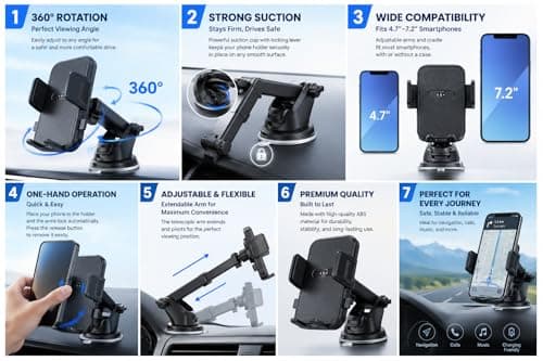 The Lux Brand Universal [2026] BEST Car Phone Holder, Enhanced & Upgraded Suction Adjustable 360° Rotation for Dashboard/Windscreen, Compatible with all Smart Phones. Premium Quality — view 4