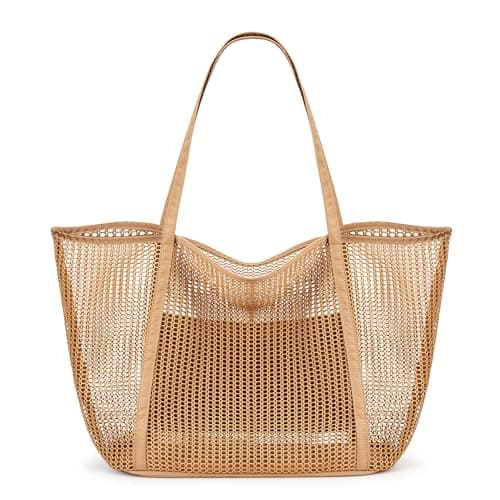 KALIDI FANCY FOREST Foldable Mesh Beach Bag with Zip, 27L Large Mesh Tote Bags for Women Ladies Summer Beach Tote Bag for Holiday Travel,Khaki