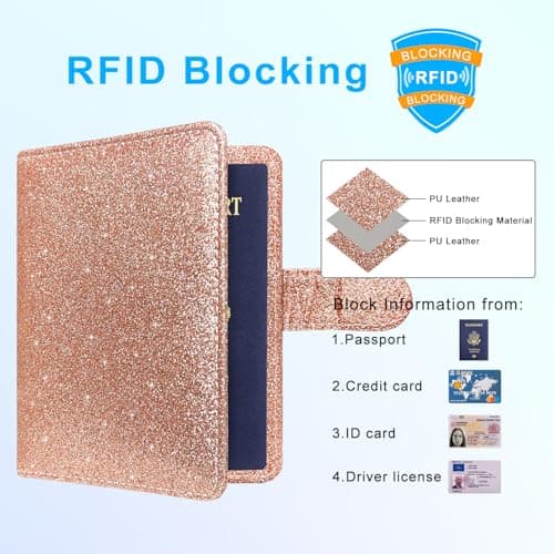 ACdream Passport Holder Cover, Protective Premium Leather RFID Blocking Wallet Travel Case for Passport/Credit Card/Air Ticket,, AA - Glitter Rose gold, 1, Rfid Wallet — view 5
