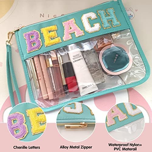 Chenille Letter Clear Zipper Flat Pouch Transparent Waterproof Stuff Cosmetic Bags Travel Makeup Bag with Zipper Toiletry Bag with Preppy Patch for Women & Children, Travel, Gym, Beach — view 2