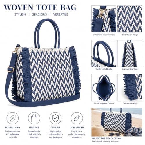 Woodland Leathers Womens Summer Bag, Straw Beach Bag, Large Woven Tote Bag with Raffia Fringe, Boho Chevron Design, Detachable Adjustable Shoulder Strap Holiday Handbag (Blue, Large) — view 3