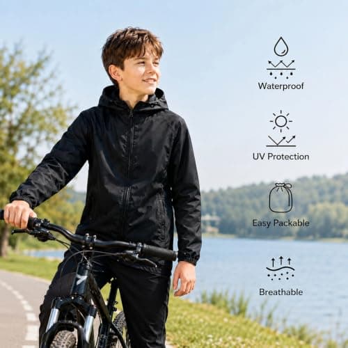 Kioeok Kids Outdoor Waterproof Jacket Lightweight Packable Rain Coat Hooded Breathable Outdoor Coat for Hiking Cycling — view 4