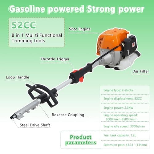 8 in 1 Petrol Garden Multi Tool, 52CC Gas Powered Weed Eater with Brush Cutter, Hedge Trimmer, Pole Chainsaw & Auxiliary Wheel for Grass Hedge Tree Cutting (Orange) — view 6