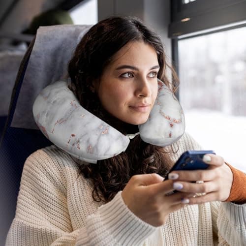 AUGUSTRUSH Memory Foam Neck Pillow - Travel Pillow With Adjustable Clasp, Removable Washable Cover For Airplane Office Car, Ergonomic Support Comfortable U-Shaped Pillow, Rose Gold Marble Print — view 5
