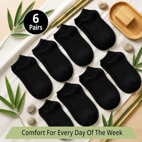 J&A MARTS Men's Bamboo Trainer Socks 6 Pairs | UK 6-11 Black | Soft Breathable No Show Ankle Socks | Moisture Wicking Trainer Liners for Running, Walking, Gym, Sports & Everyday Wear — view 4