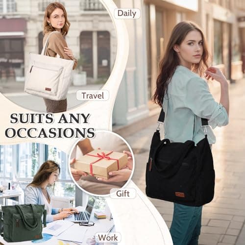 Kasgo Corduroy Tote Bag for Women, XXL 15.6" Laptop Work College Bag, Beige — view 6