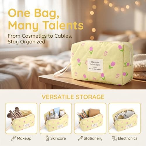 Makeup Bag for Women, Cute Coquette Quilted Cosmetics Make Up Organiser, Portable Travel Brushes Wash Storage, Toiletry Skin Care Pouch Aesthetic Cotton Case, Small Pink Floral (Yellow) — view 5