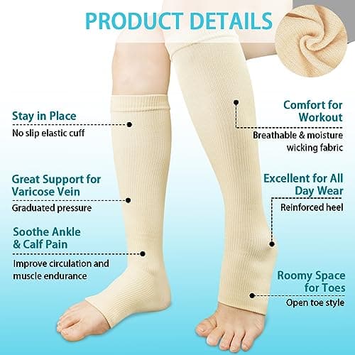 ACWOO Compression Socks for Women & Men, 2 Pairs Open Toe Graduated Stockings Support, Non-Slip Flight Socks Running Socks for Sports, Flying, Maternity Pregnancy, Nurses, Travel, Running — view 2
