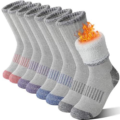 Sandsuced Kids Merino Wool Walking Socks Girls Boys Winter Thermal Warm Cosy Hiking Boot Thick Cushion Gift Stocking Fillers Socks 4 Pairs(Purle/Blue/Red/Grey,4-7 Years)