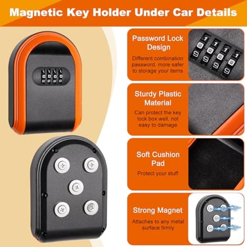 COITEK Magnetic Key Holder with Lock, Magnet Lock Box Hidden Under Car, Secure 4-Digit Combination with Resettable Code For for Indoor, Outdoor (Orange+Black) — view 3