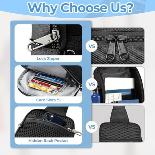 Broadream Anti-Theft Sling Bag for Men, Waterproof RFID Crossbody Shoulder Bag with Security Zipper, Small Crossbody Chest Bag for Men & Women, Mobile Phone Bag for Travel Outdoor Work, blue, Small — view 4