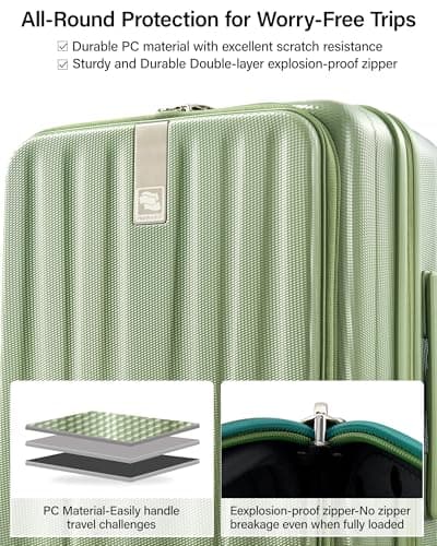 Hanke Carry On Luggage PC Hardshell Luggage Top Open Suitcases, Bamboo Green, 20 Inch Expandable, Hardside Luggage With Spinner Wheels — view 5