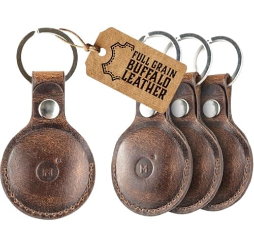 moonster Air Tags 4 Pack – 100% Genuine AirTag Holder Leather Key Ring – Full-Grain Buffalo Leather AirTag Case with Reinforced Stitching & Strong Anchored Snap Closure – AirTag Keyring Leather Case