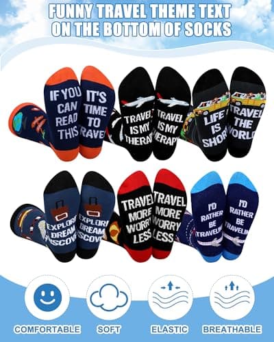 Eurzom 6 Pairs Funny Travel Socks for Men I'd Rather Be Traveling Gift Novelty Men's Travel Crew Socks for Travel Lovers and Travelers, Multi-color, One Size — view 3