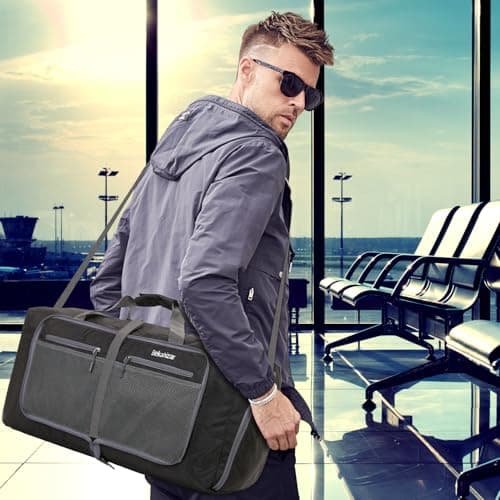 Bekahizar Travel Duffle Bag 60L Lightweight Foldable Holdall Duffels Large Weekend Overnight Bag Packable Carry On Luggage with Shoe Compartment for Men Women Camping Storage Gym Beach (Black) — view 6
