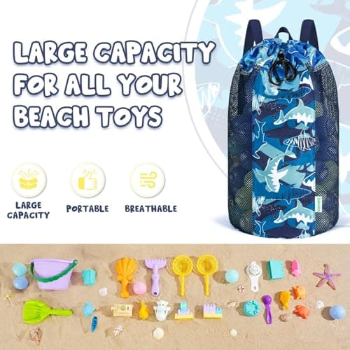 WAWSAM Shark Large Mesh Beach Bag for Kids, Kids Drawstring Beach Backpack for Boys, Tote Mesh Beach Toys Bag, Swim Pool Toys Balls Storage Bags Gym Bag, Beach Toy Shells Organizer — view 3