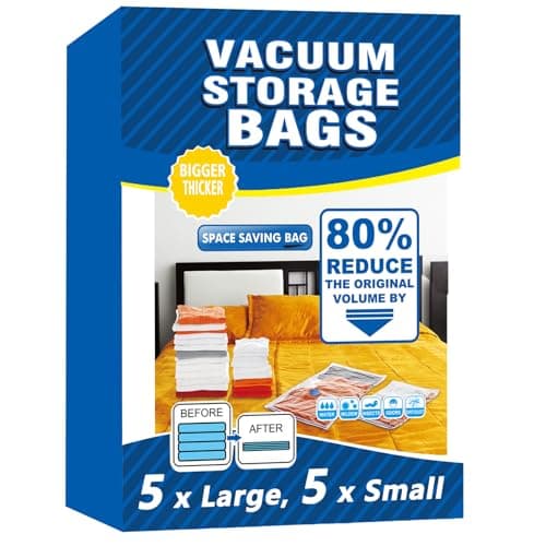 Vacuum Storage Bags - (5 x Large, 5 x Small) Space Saver Sealer Compression Bags, Reusable Vacuum Bags for Storage Clothes, Bedding, Pillows, Travel