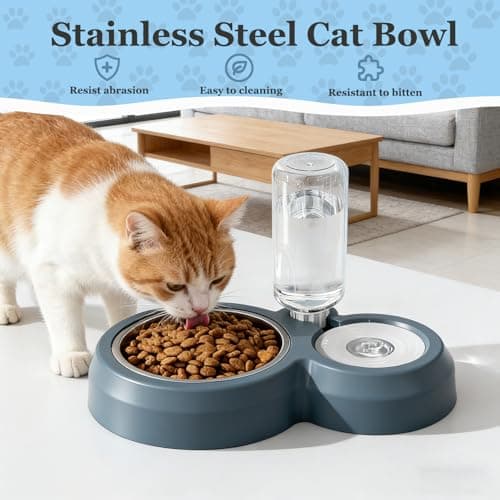 TANXIC Double Dog Cat Bowls, Pets Food and Water Bowl Set with Automatic Water Dispenser and Stainless Steel Bowl Silicone Dog Bowl Mat, Gravity Feeder for Cats and Small Dogs Puppies (Blue) — view 2