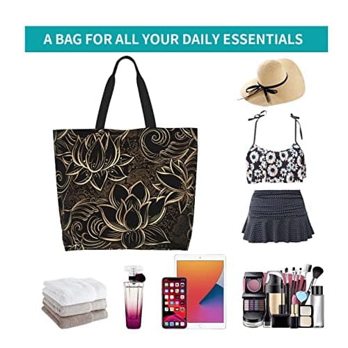 AABSTBFM Boho Gold Lotus Flowers Printed Shopping Bags For Women Ladies Girls - Large Reusable Waterproof Shoulder Tote Bag, Grocery Bags, Shopper Handbag, And Beach Bag — view 6