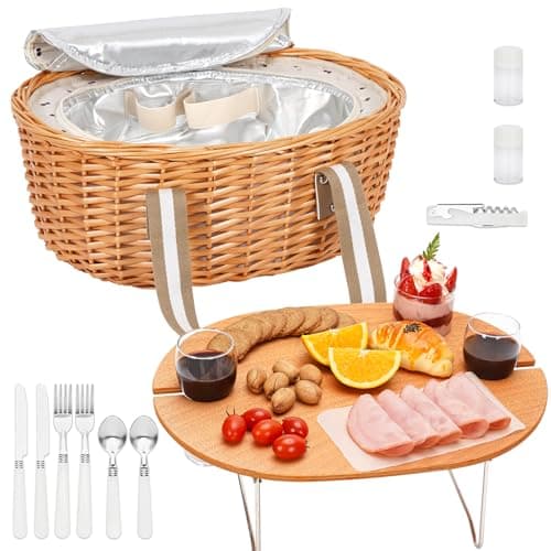 STBoo Picnic Basket for 2, Insulated Wicker Hamper with Table, (Beige New)