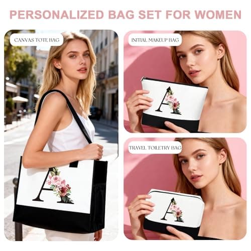 Initial Canvas Tote Bag, Personalized Gifts for Women, Personalized Makeup Bag, Cosmetic Bags, Suitable for Wedding, Birthday, Beach, Holiday, Gift for Women, Mom, Teachers, Friends, Bridesmaids — view 2