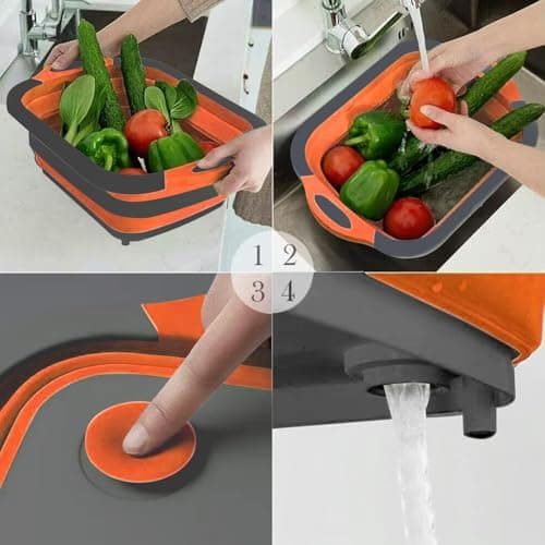 Collapsible Cutting Board with Drain for Camping Picnic BBQ Collapsible Sink Tub Dish Wash Basin Portable Dish Tub Foldable Dishpan for Home Kitchen (Black Orange) — view 3